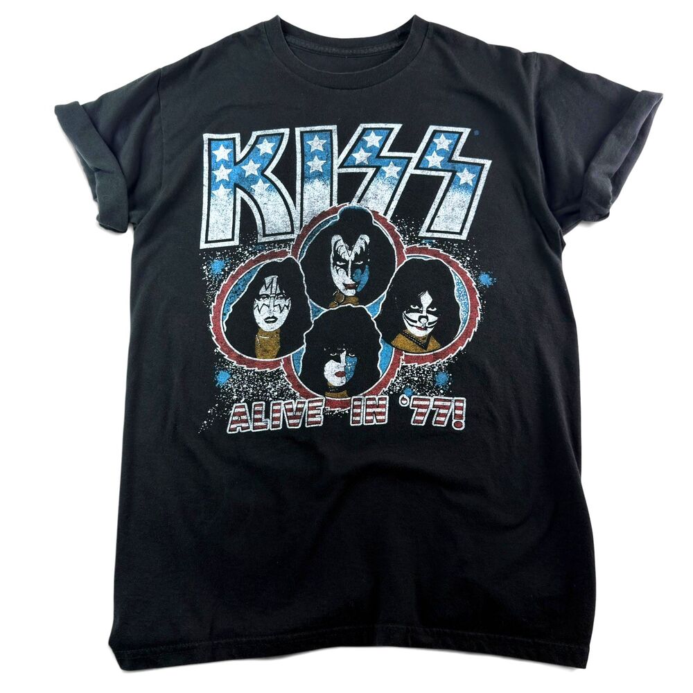 kiss alive in '77 band t shirt stars stripes graphic licensed black size small